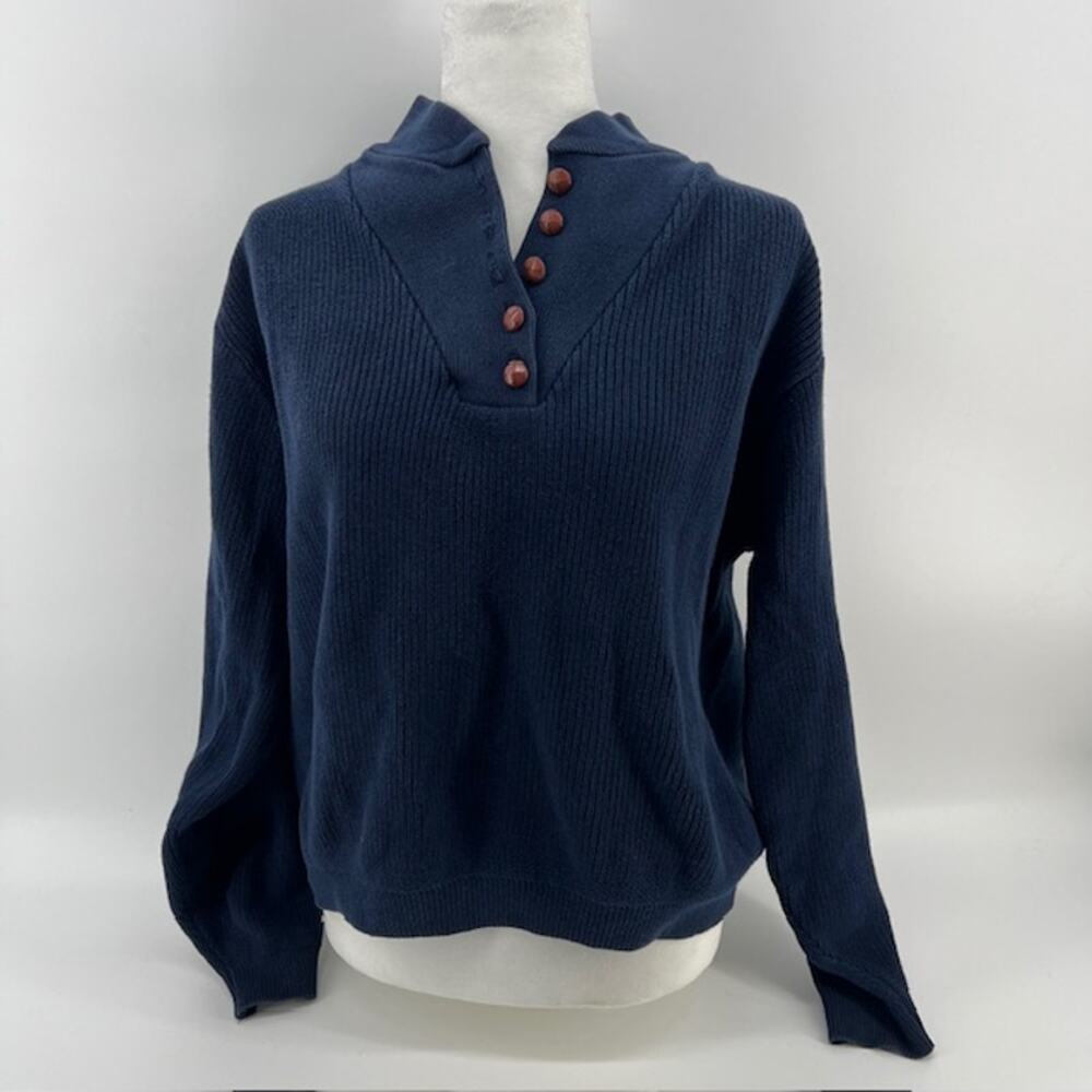 VTG Lands End Henley Pullover Knit Sweater Womens L Navy Blue Boxy Cottage USA